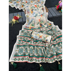 Generic Women's Linen Cotton  Printed Saree With Unstitched Blouse 5.5Mtr (Green)