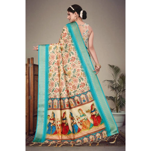 Generic Women's Cotton Silk  Printed Saree With Unstitched Blouse 5.5Mtr (Sky Blue)
