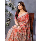 Generic Women's Linen Cotton  Printed Saree With Unstitched Blouse 5.5Mtr (Orange )