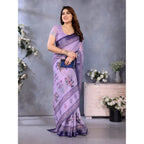 Generic Women's Linen Cotton  Printed Saree With Unstitched Blouse 5.5Mtr (Purple)