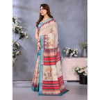 Generic Women's Linen Cotton  Printed Saree With Unstitched Blouse 5.5Mtr (Cream)