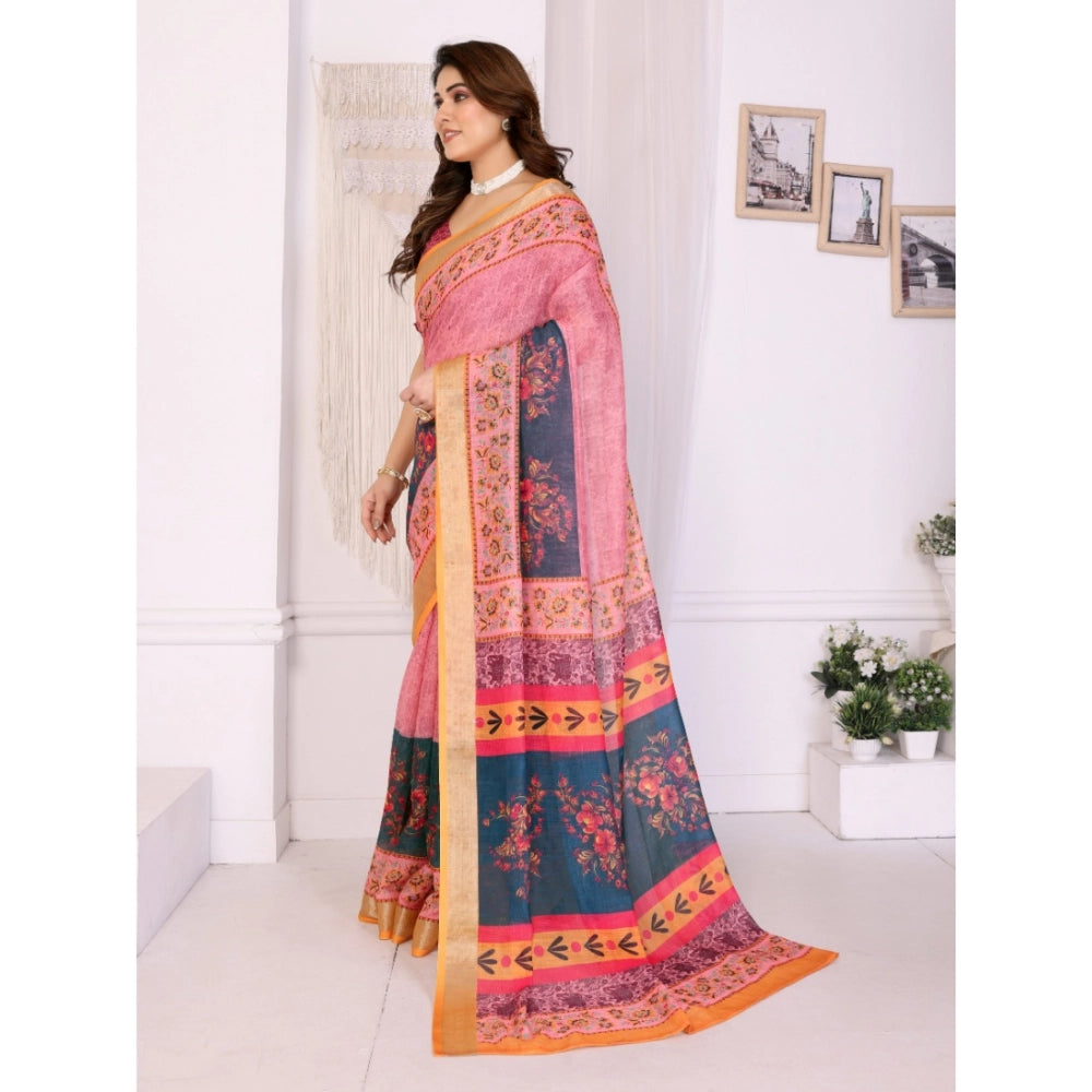 Generic Women's Linen Cotton  Printed Saree With Unstitched Blouse 5.5Mtr (Pink)