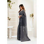 Generic Women's Faux_Linen Printed Ready-to-Wear Saree With Unstitched Blouse 5.5 Mtr (Black)
