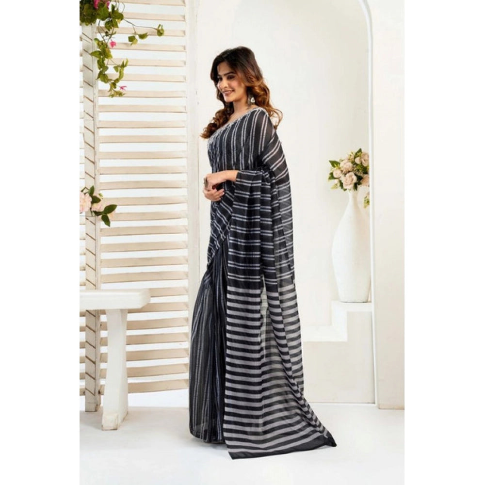 Generic Women's Faux_Linen Printed Ready-to-Wear Saree With Unstitched Blouse 5.5 Mtr (Black)