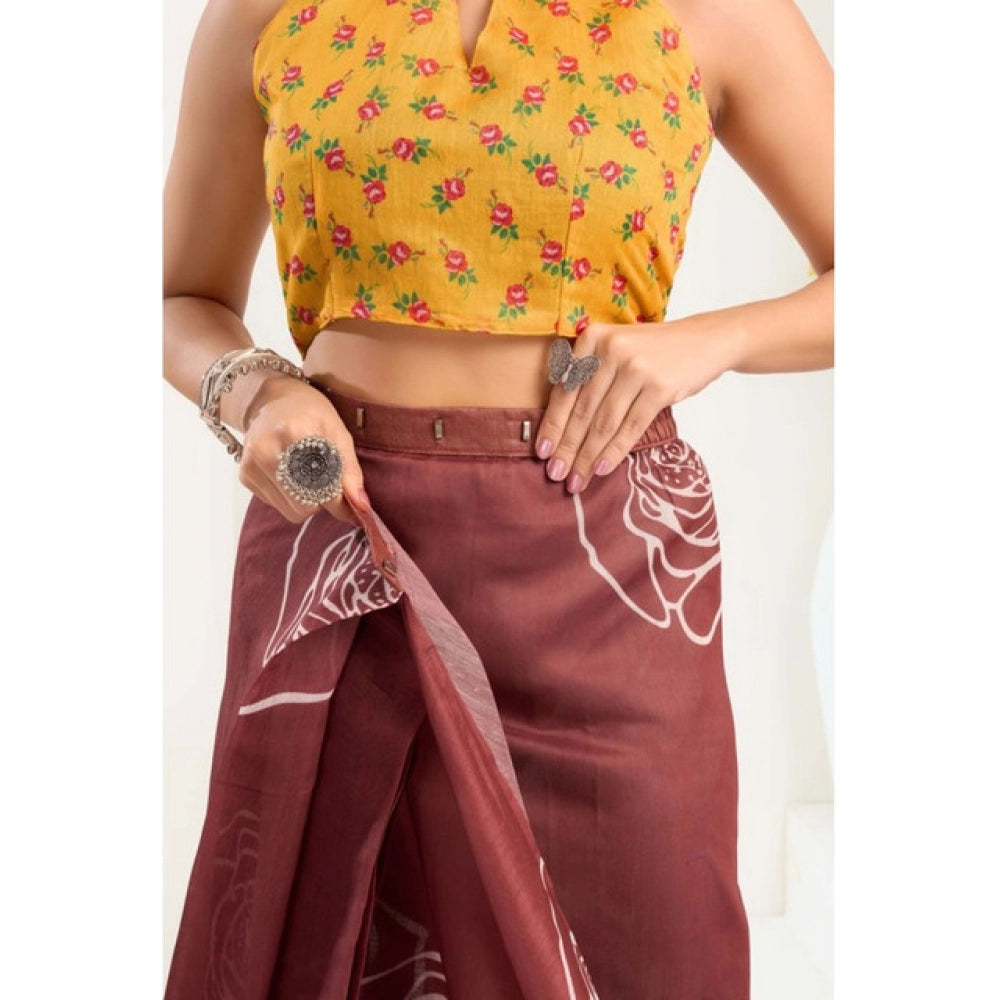 Generic Women's Faux_Linen Printed Ready-to-Wear Saree With Unstitched Blouse 5.5 Mtr (Brown)