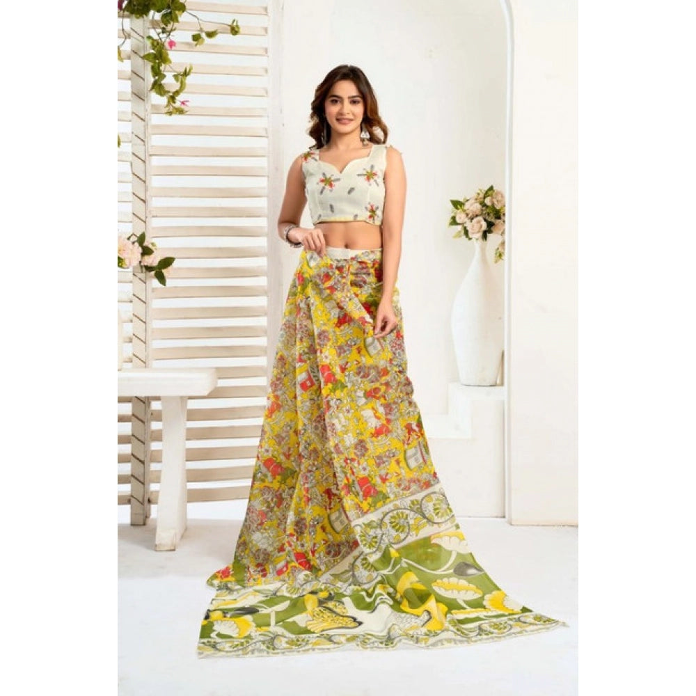 Generic Women's Faux_Linen Printed Ready-to-Wear Saree With Unstitched Blouse 5.5 Mtr (Multicolor)