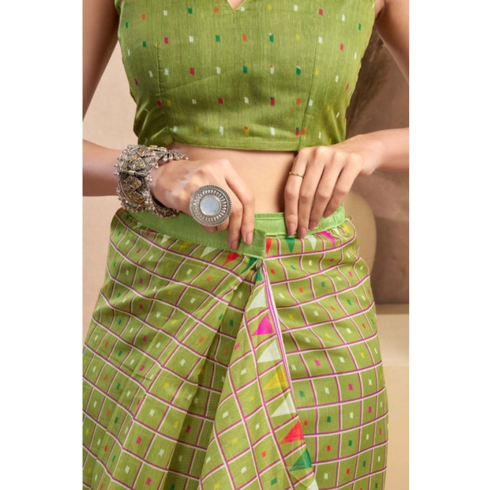 Generic Women's Faux_Linen Printed Ready-to-Wear Saree With Unstitched Blouse 5.5 Mtr (Olive)