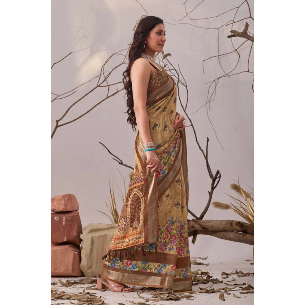 Generic Women's Faux_Linen Printed Saree With Unstitched Blouse 5.5Mtr (Beige)