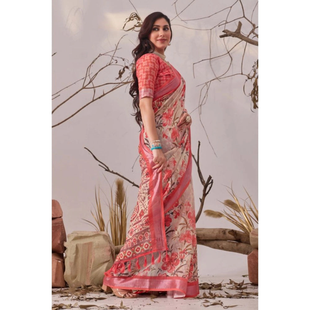 Generic Women's Faux_Linen Printed Saree With Unstitched Blouse 5.5Mtr (Peach)