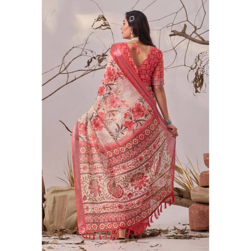 Generic Women's Faux_Linen Printed Saree With Unstitched Blouse 5.5Mtr (Peach)