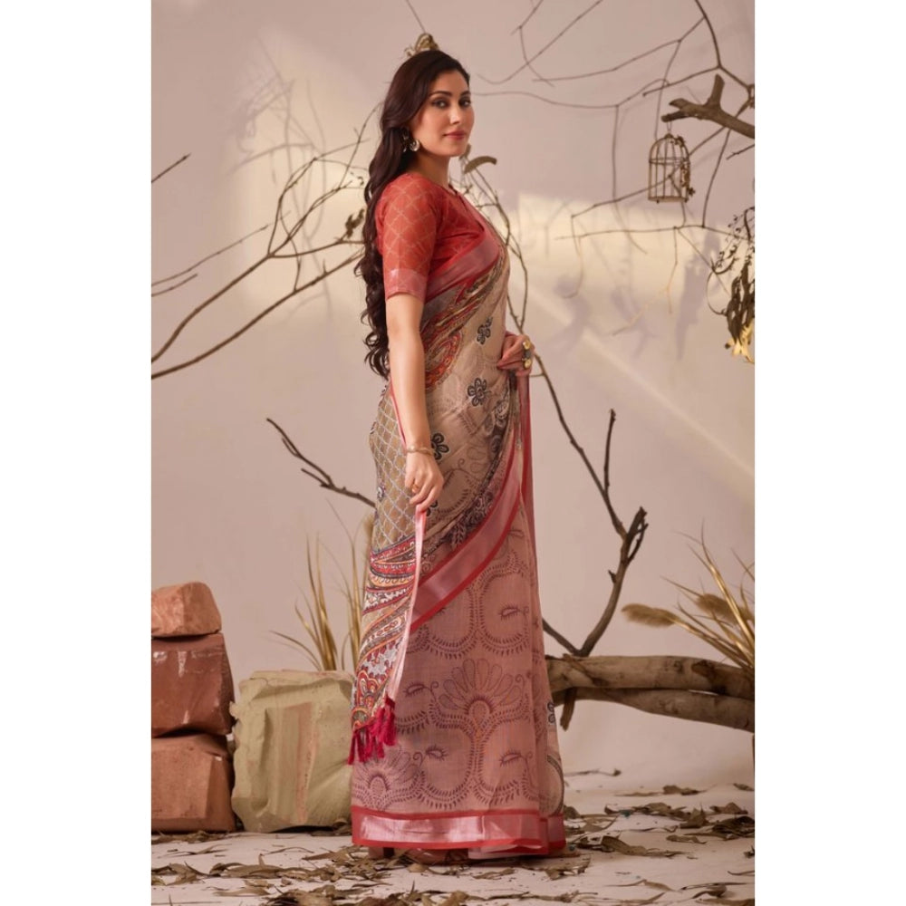 Generic Women's Faux_Linen Printed Saree With Unstitched Blouse 5.5Mtr (Light_Beige)