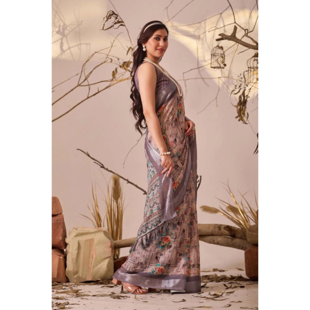 Generic Women's Faux_Linen Printed Saree With Unstitched Blouse 5.5Mtr (Mauve)