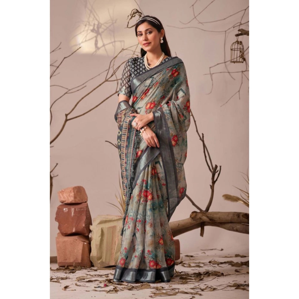 Generic Women's Faux_Linen Printed Saree With Unstitched Blouse 5.5Mtr (Light_Grey)