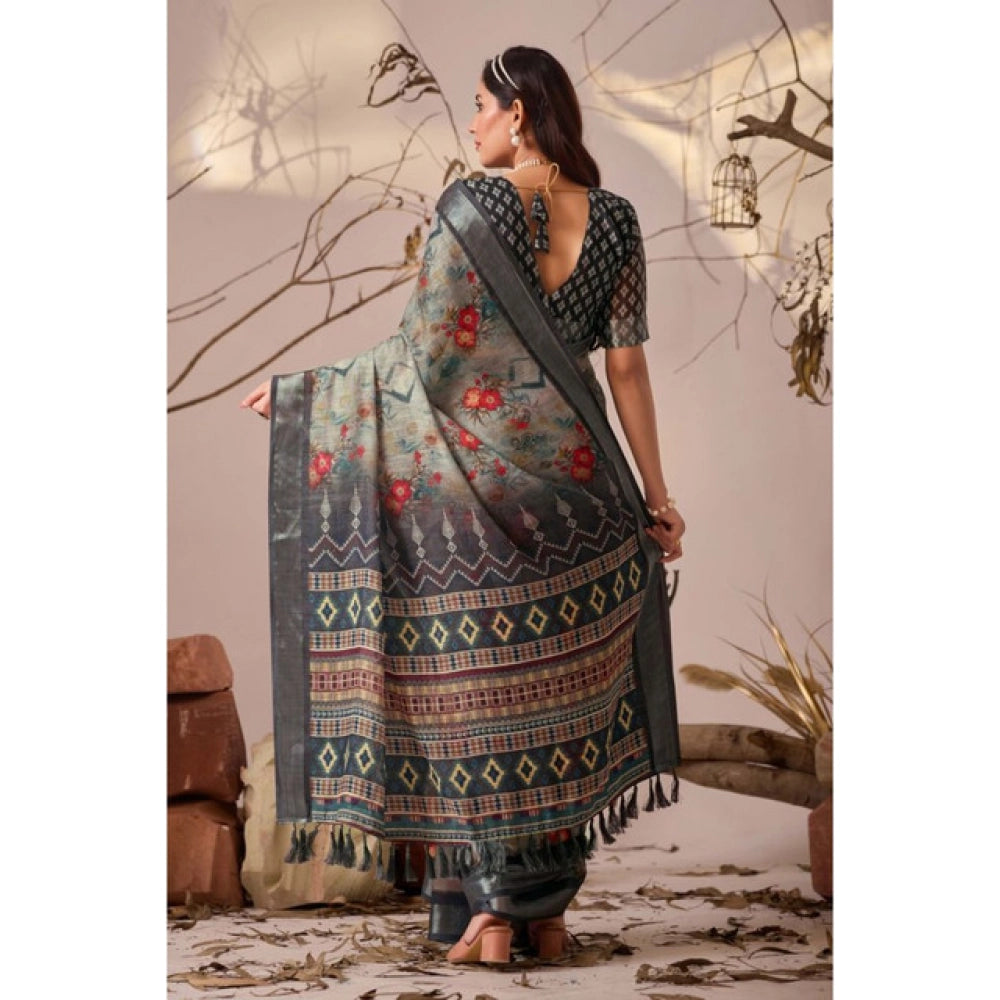 Generic Women's Faux_Linen Printed Saree With Unstitched Blouse 5.5Mtr (Light_Grey)