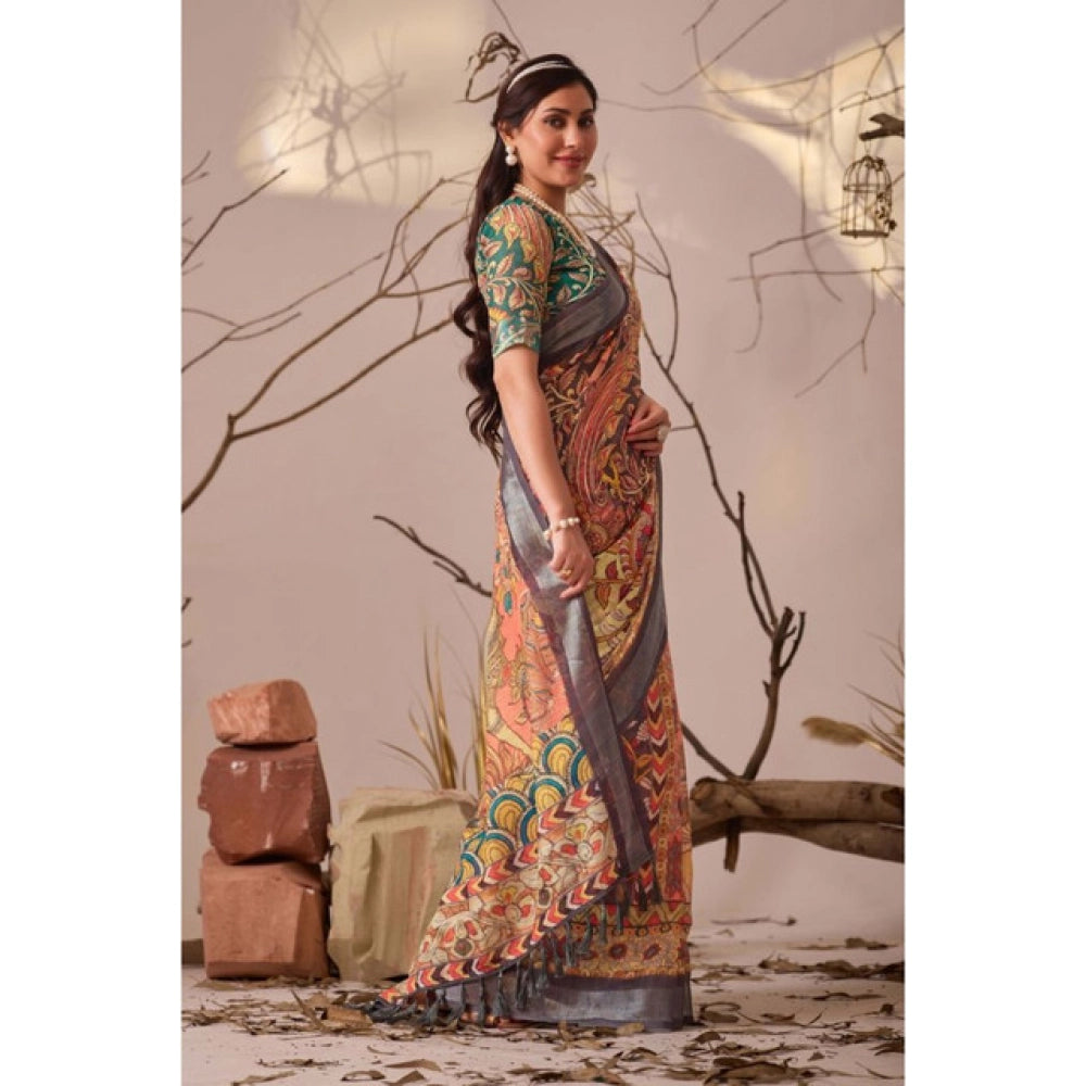 Generic Women's Faux_Linen Printed Saree With Unstitched Blouse 5.5Mtr (Orange)