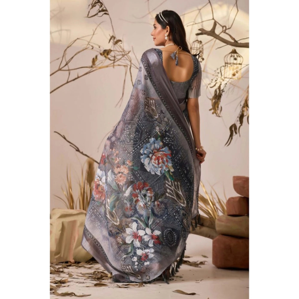 Generic Women's Faux_Linen Printed Saree With Unstitched Blouse 5.5Mtr (Light_Grey)