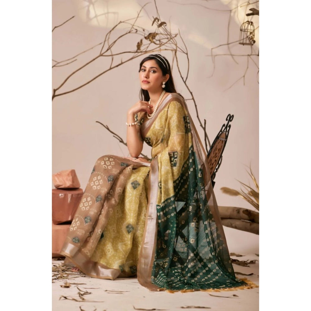 Generic Women's Faux_Linen Printed Saree With Unstitched Blouse 5.5Mtr (Mustard)