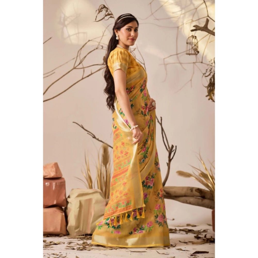 Generic Women's Faux_Linen Printed Saree With Unstitched Blouse 5.5Mtr (Gold)