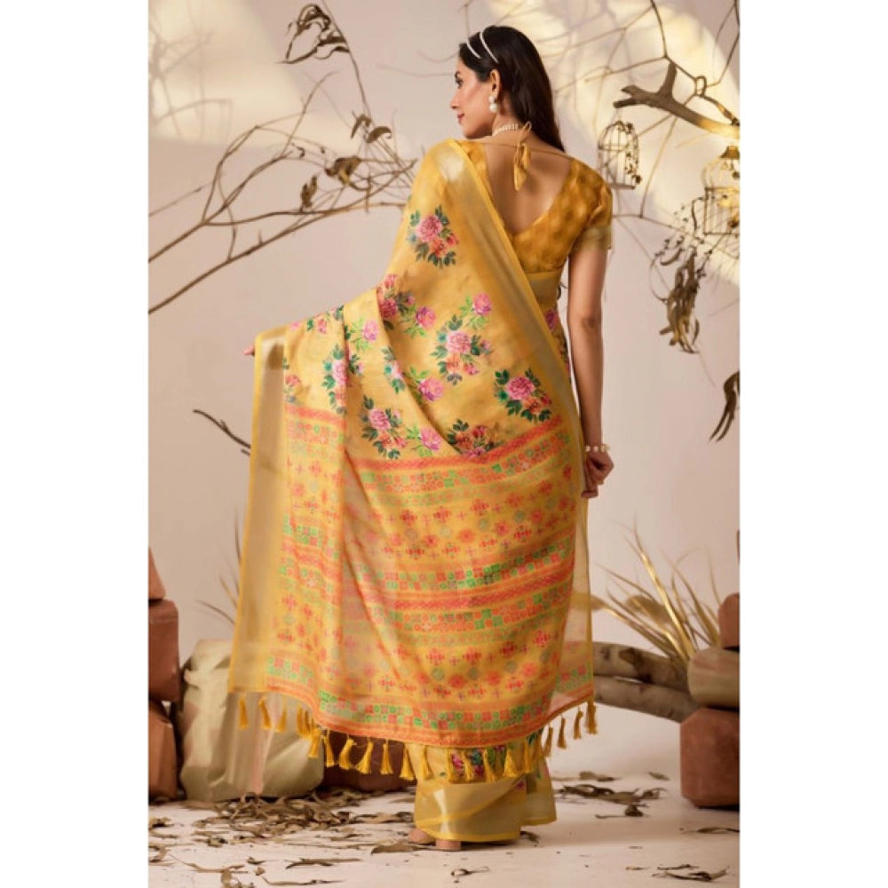 Generic Women's Faux_Linen Printed Saree With Unstitched Blouse 5.5Mtr (Gold)