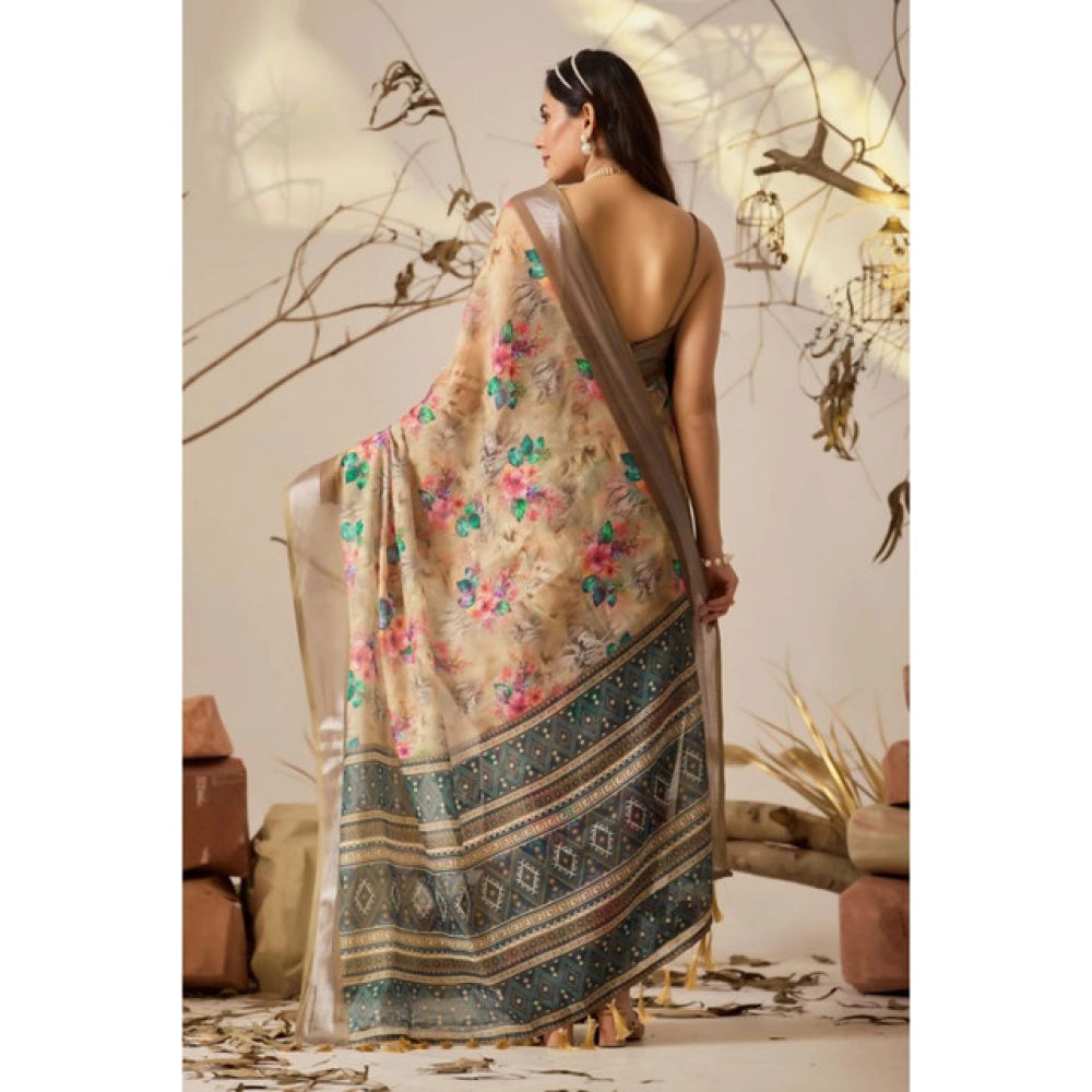 Generic Women's Faux_Linen Printed Saree With Unstitched Blouse 5.5Mtr (Beige)