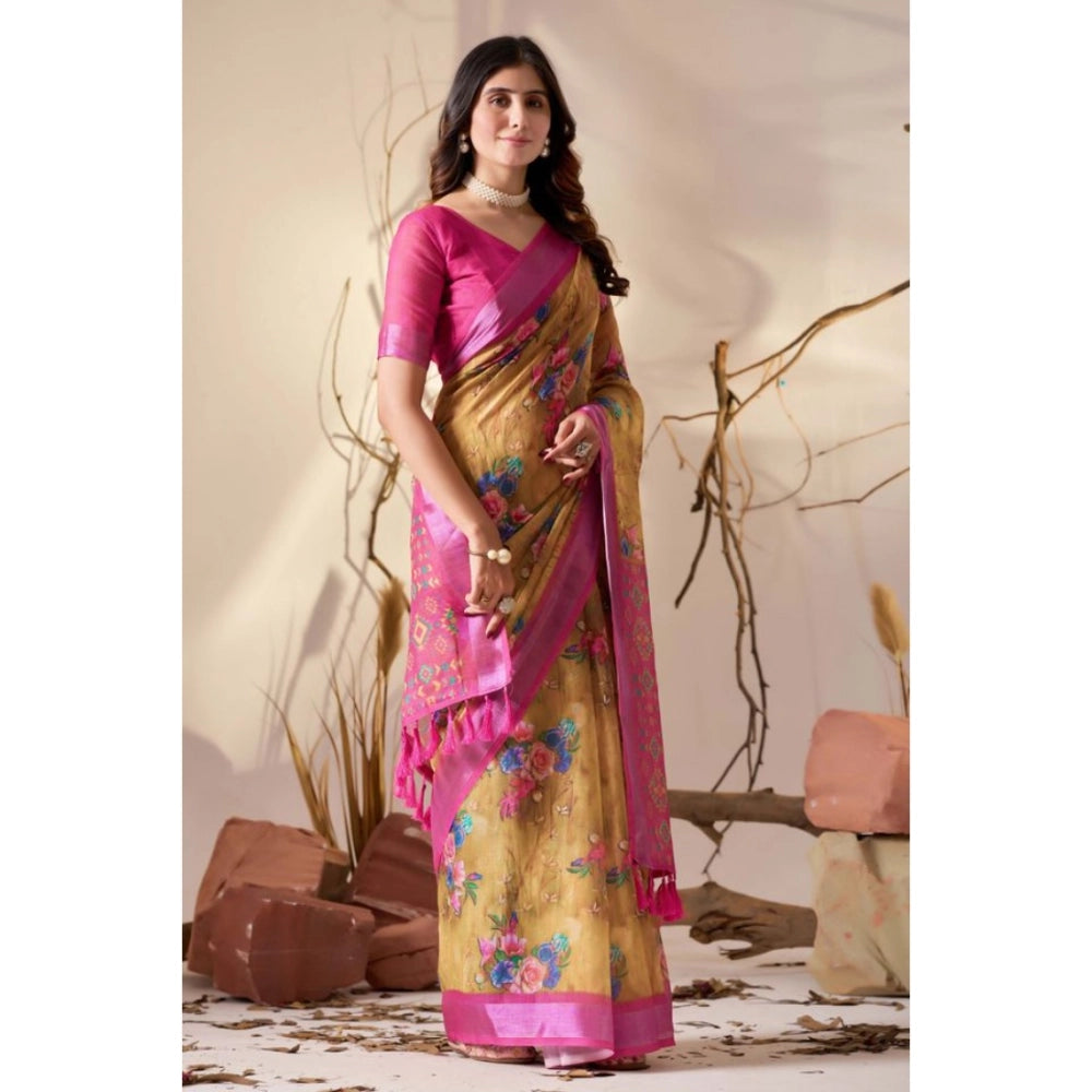 Generic Women's Faux_Linen Printed Saree With Unstitched Blouse 5.5Mtr (Gold)