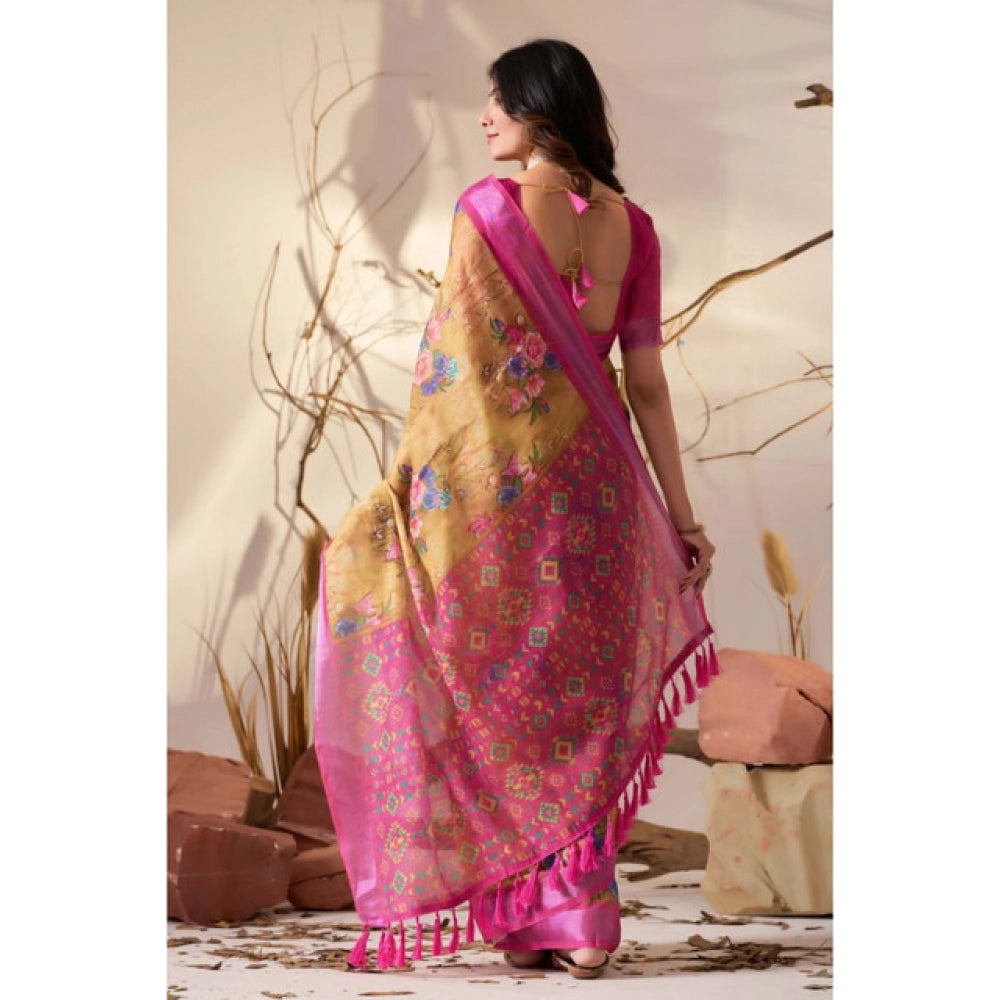 Generic Women's Faux_Linen Printed Saree With Unstitched Blouse 5.5Mtr (Gold)
