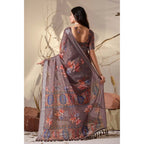 Generic Women's Faux_Linen Printed Saree With Unstitched Blouse 5.5Mtr (Light_Brown)