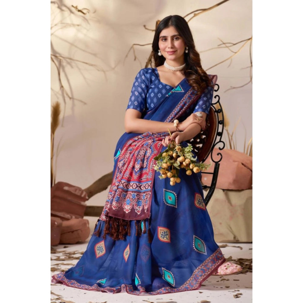Generic Women's Georgette Printed Saree With Unstitched Blouse 5.5Mtr (Blue)