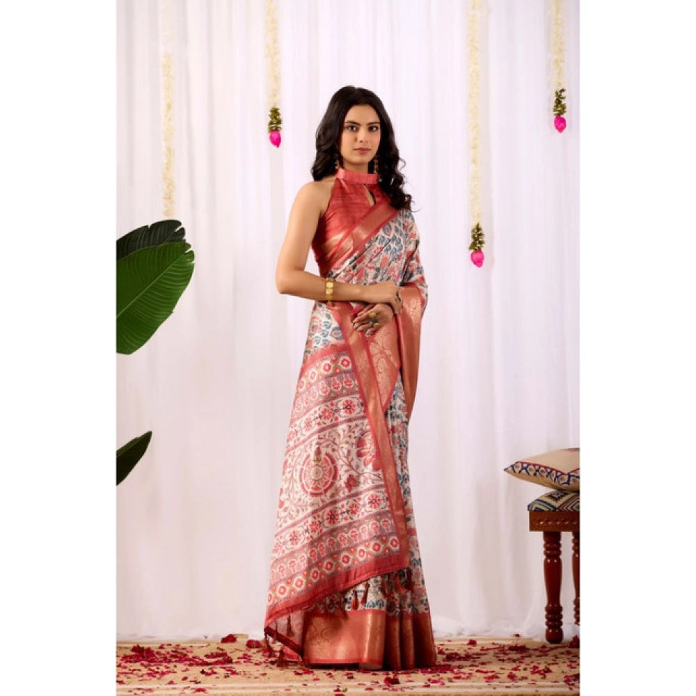 Generic Women's Faux_Silk Printed Saree With Unstitched Blouse 5.5Mtr (Off_White)