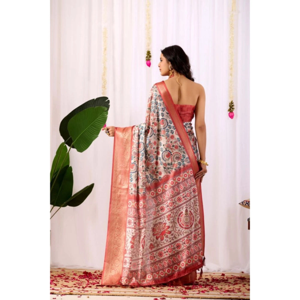 Generic Women's Faux_Silk Printed Saree With Unstitched Blouse 5.5Mtr (Off_White)