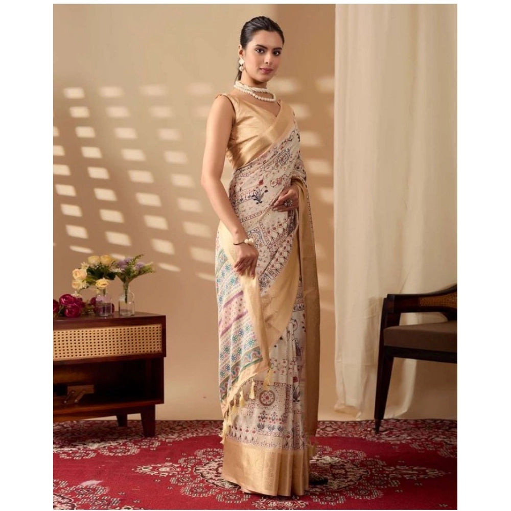 Generic Women's Faux_Silk Printed Saree With Unstitched Blouse 5.5Mtr (Beige)
