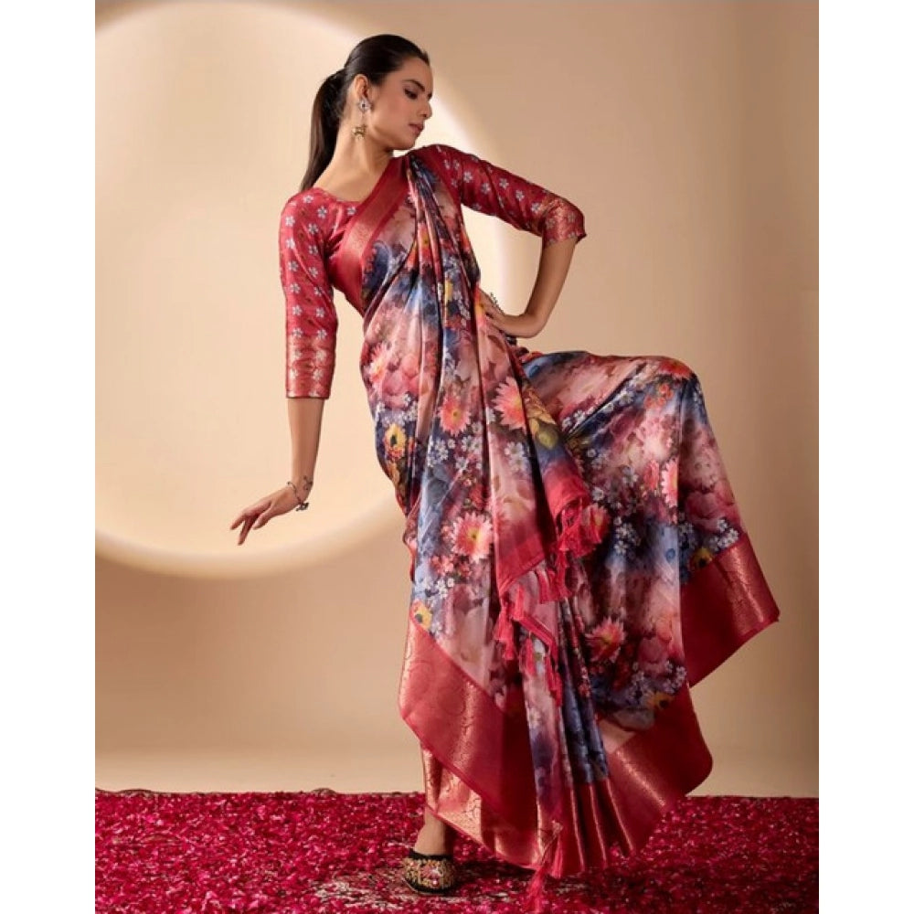 Generic Women's Faux_Silk Printed Saree With Unstitched Blouse 5.5Mtr (Maroon)