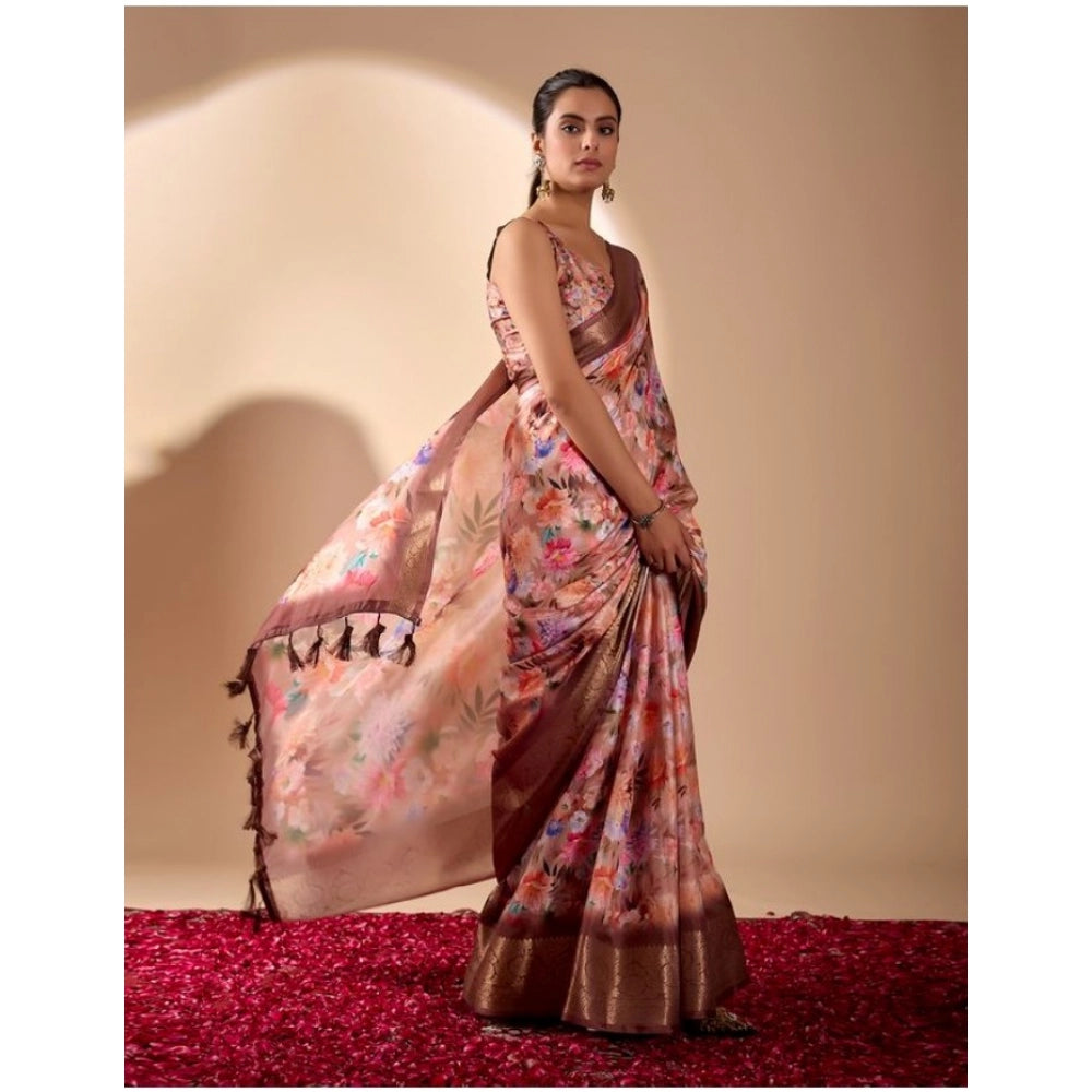 Generic Women's Faux_Silk Printed Saree With Unstitched Blouse 5.5Mtr (Peach)