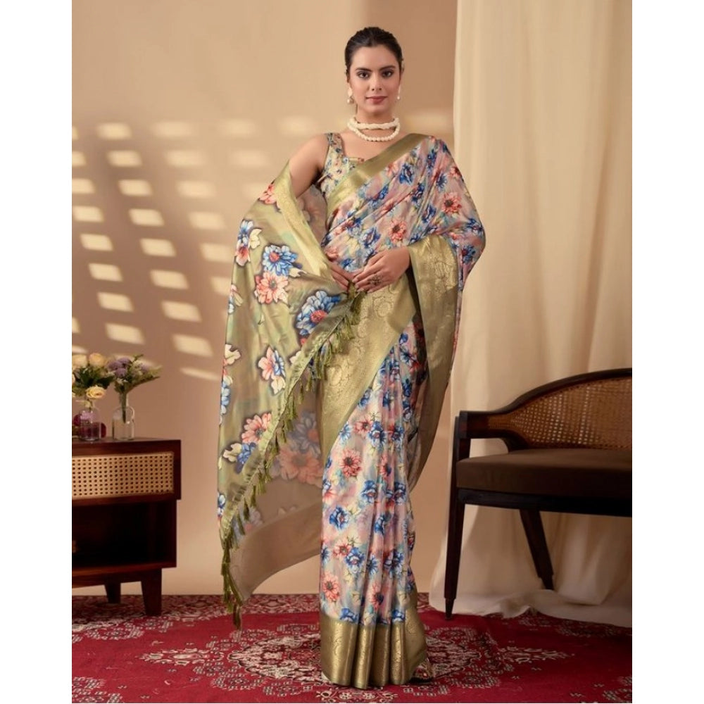 Generic Women's Silk_Blend Printed Saree With Unstitched Blouse 5.5Mtr (Olive)