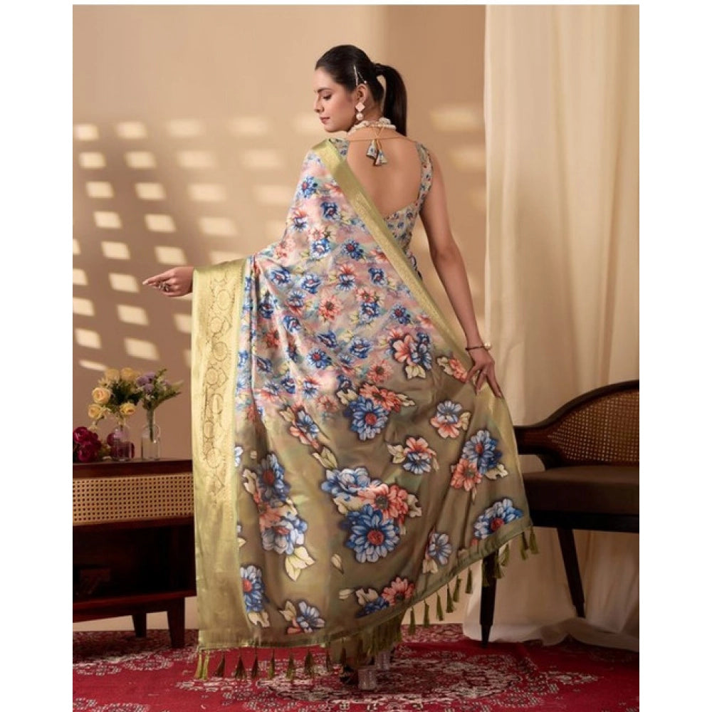 Generic Women's Silk_Blend Printed Saree With Unstitched Blouse 5.5Mtr (Olive)