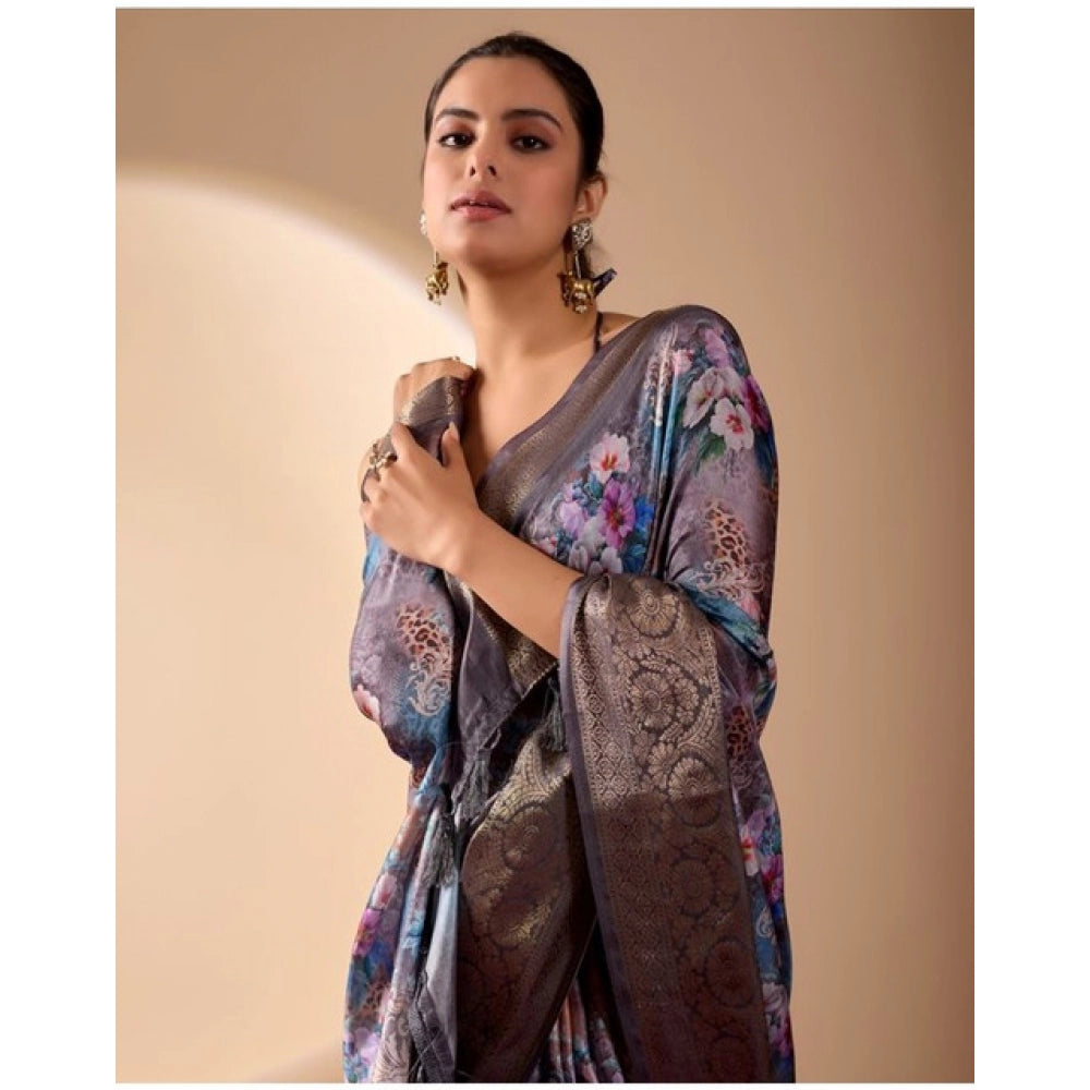 Generic Women's Faux_Silk Printed Saree With Unstitched Blouse 5.5Mtr (Grey)
