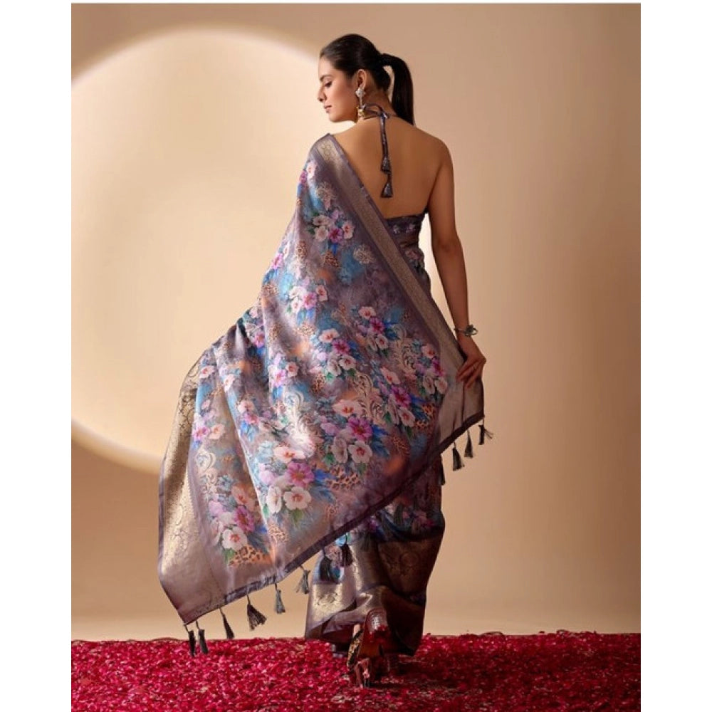 Generic Women's Faux_Silk Printed Saree With Unstitched Blouse 5.5Mtr (Grey)