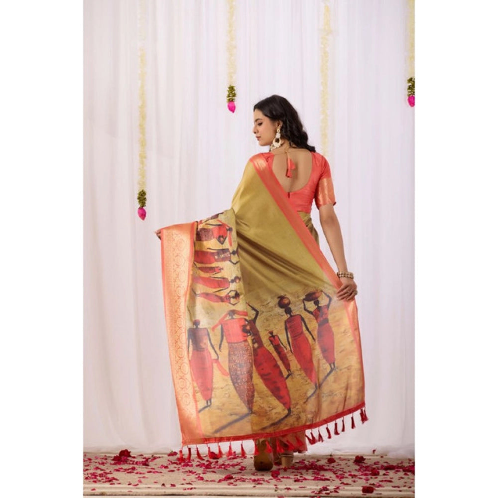 Generic Women's Faux_Silk Printed Saree With Unstitched Blouse 5.5Mtr (Olive)