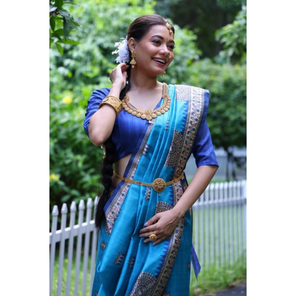 Generic Women's Faux_Tussar_Silk Printed Saree With Unstitched Blouse 5.5Mtr (Teal)