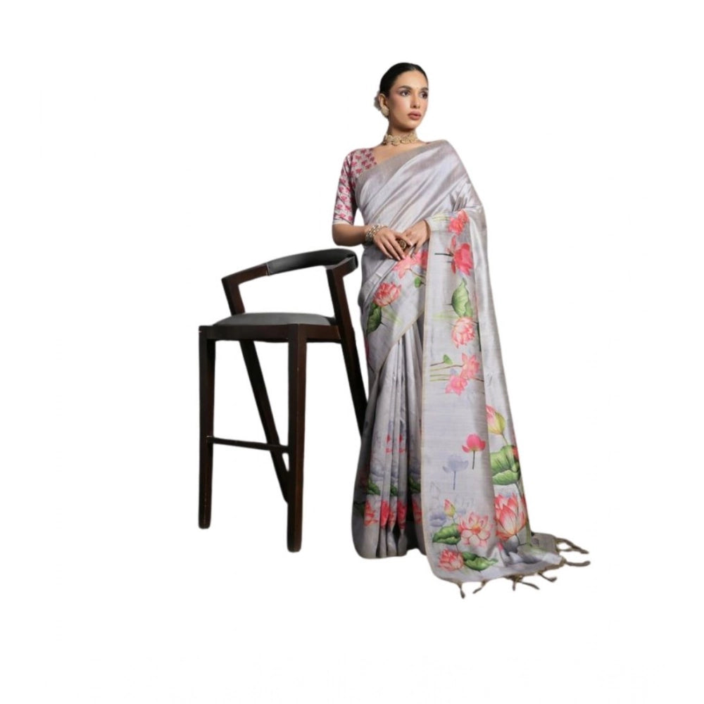 Generic Women's Cotton Printed Saree With Unstitched Blouse 5.5 Mtr (Grey)