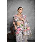 Generic Women's Cotton Printed Saree With Unstitched Blouse 5.5 Mtr (Grey)