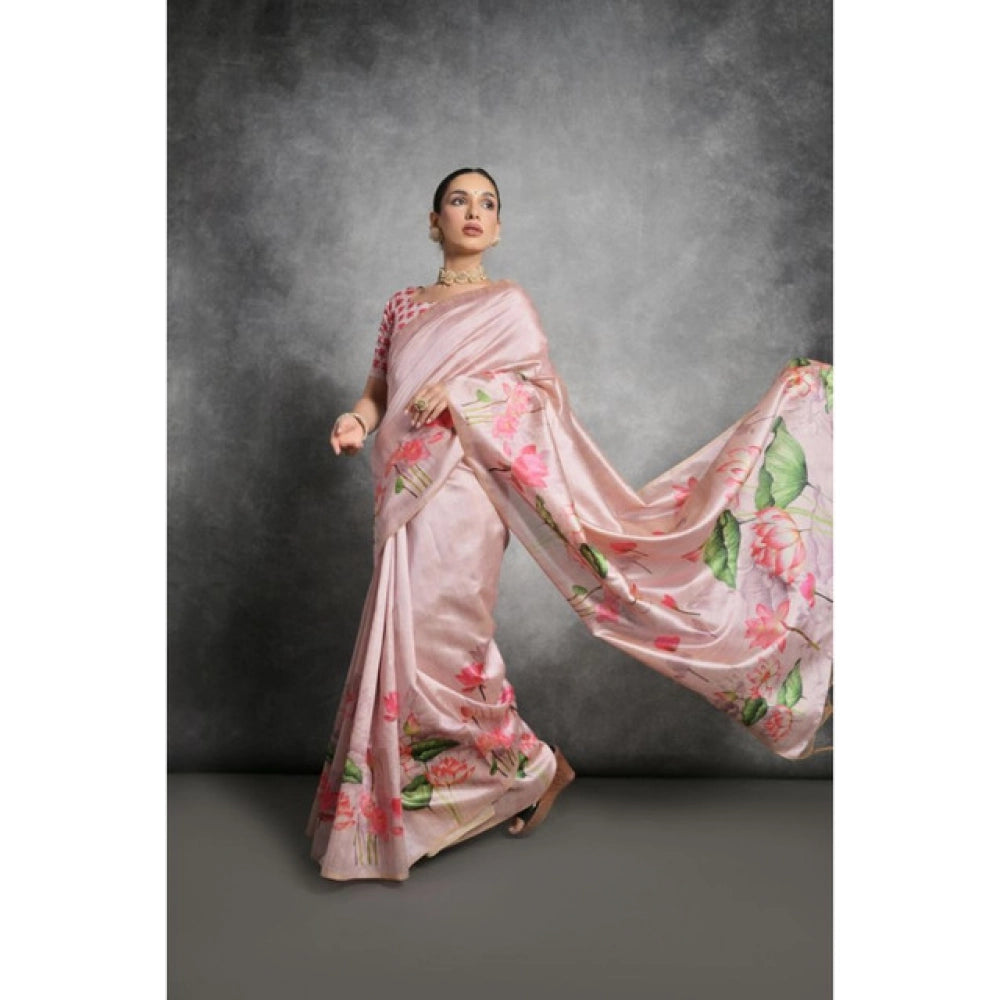 Generic Women's Cotton Printed Saree With Unstitched Blouse 5.5 Mtr (Pink)