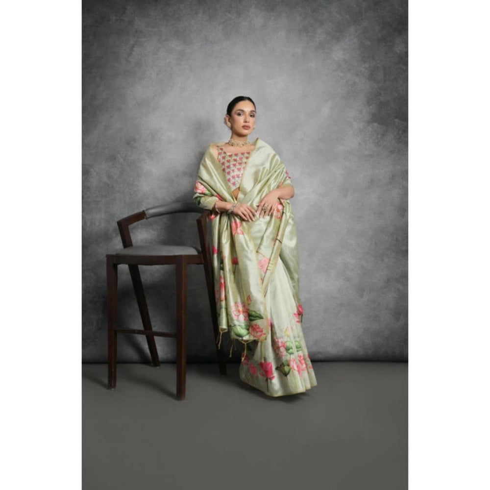 Generic Women's Cotton Printed Saree With Unstitched Blouse 5.5 Mtr (Green)