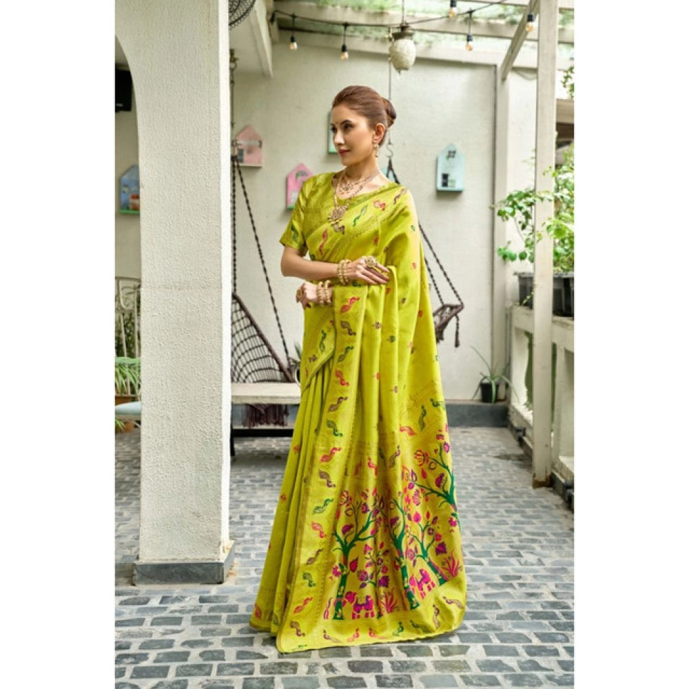 Generic Women's Silk Blend Woven Saree With Unstitched Blouse 5.5 Mtr (Lime)