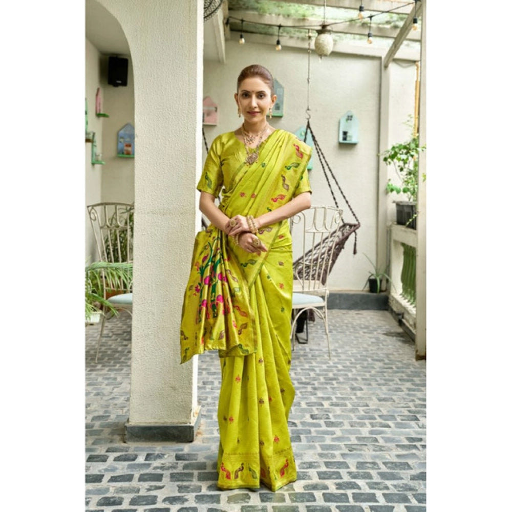 Generic Women's Silk Blend Woven Saree With Unstitched Blouse 5.5 Mtr (Lime)