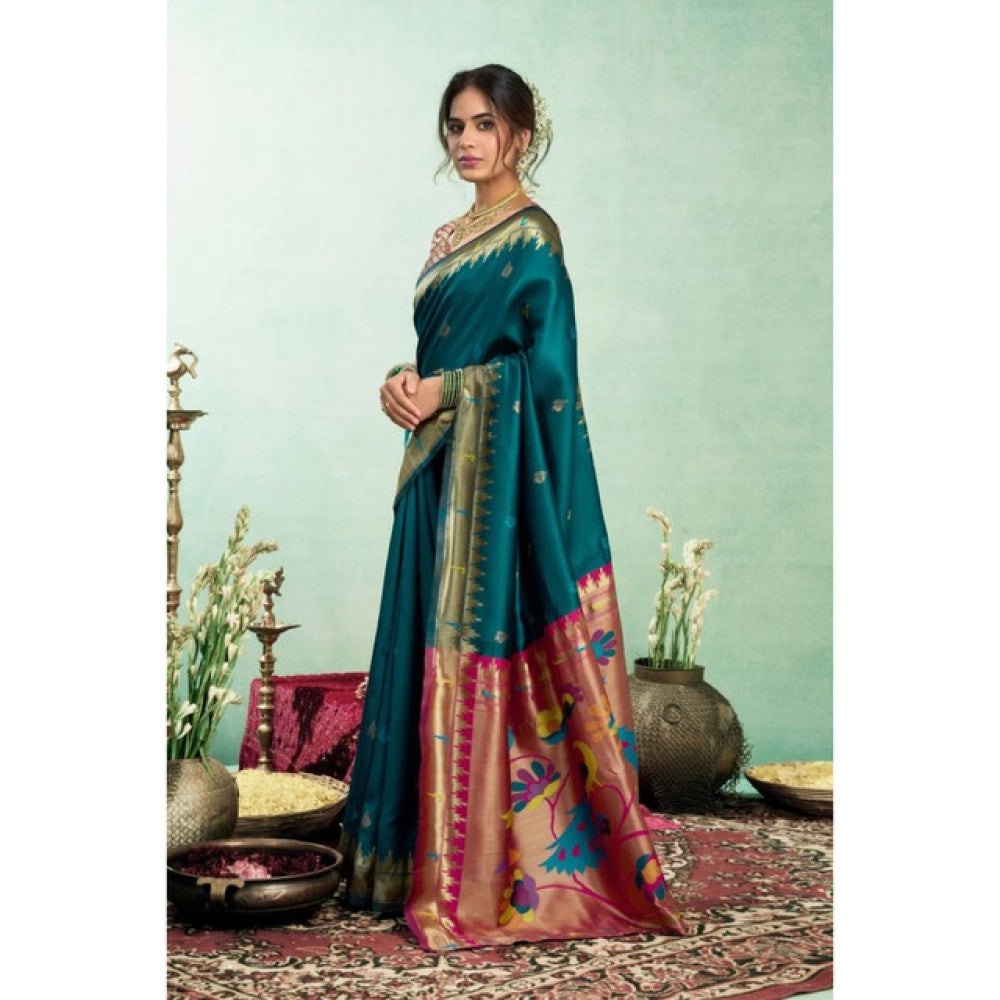 Generic Women's Silk Blend Woven Saree With Unstitched Blouse 5.5 Mtr (Teal)