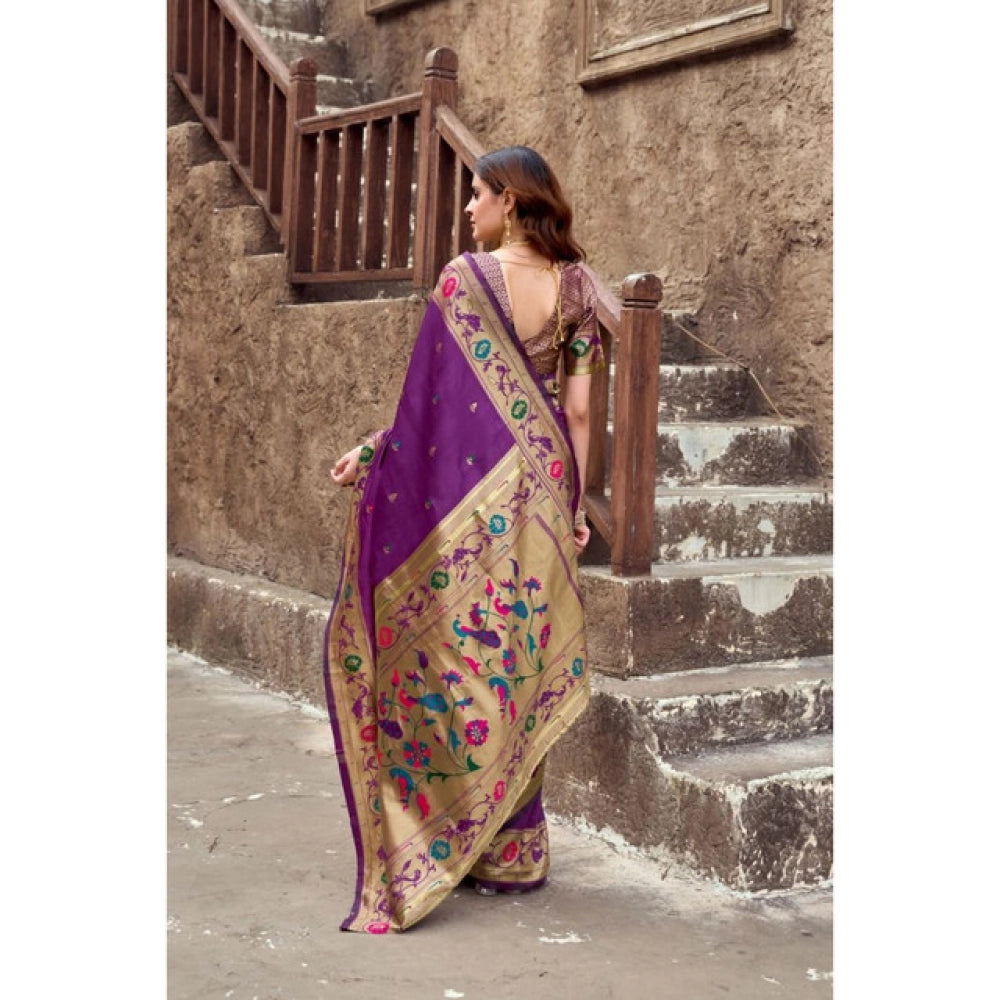 Generic Women's Silk Blend Woven Saree With Unstitched Blouse 5.5 Mtr (Purple)