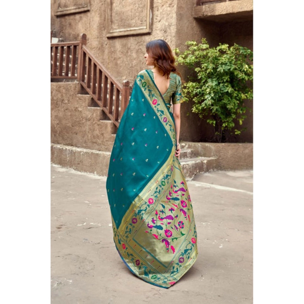 Generic Women's Silk Blend Woven Saree With Unstitched Blouse 5.5 Mtr (Teal)
