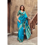 Generic Women's Silk Blend Woven Saree With Unstitched Blouse 5.5 Mtr (Aqua_Blue)
