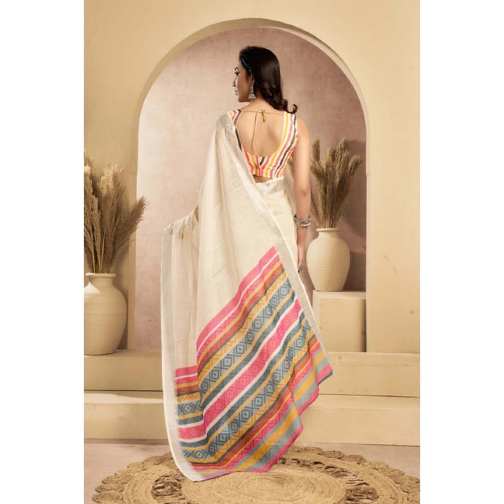 Generic Women's Linen Cotton Printed Ready To Wear Saree With Unstitched Blouse 5.5 Mtr (Beige)